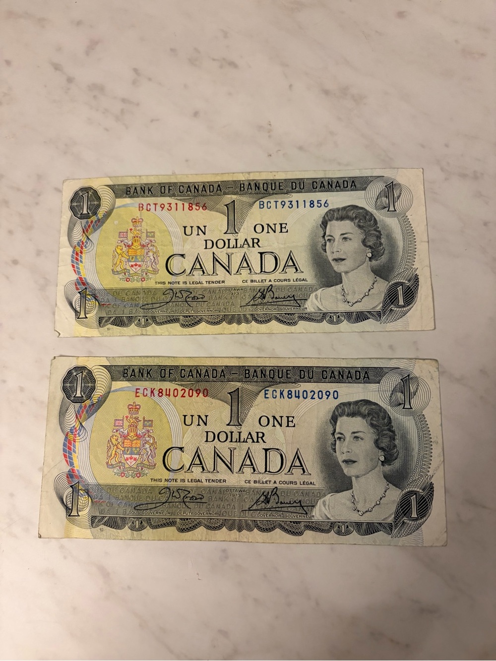 1973 pair Vintage Canada one dollar Bills